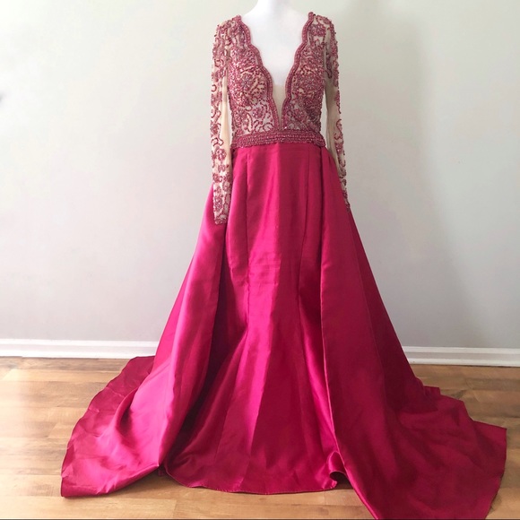 Jovani Pink Red Jeweled Long Sleeve Mermaid Dress 14 Formal Pageant Prom 46708 - Picture 2 of 13